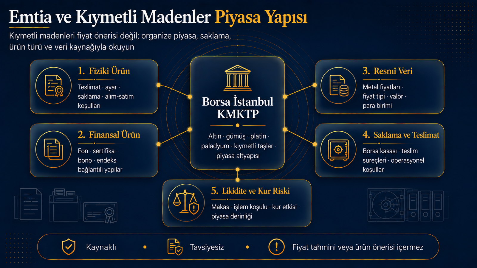 Borsa İstanbul KMKTP, fiziki/finansal ürün farkı, resmî veri, saklama ve likidite/kur riski.