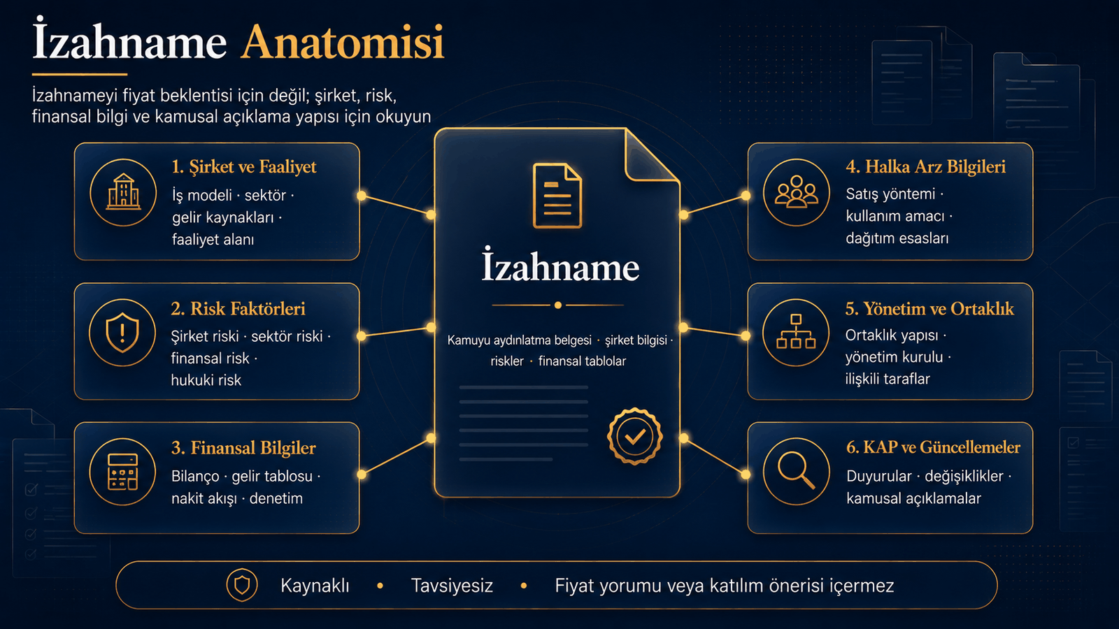 İzahname bölümlerini şirket, risk, finansal bilgi ve KAP güncellemeleriyle gösterir.