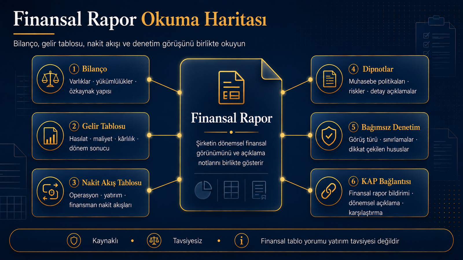 Bilanço, gelir tablosu, nakit akışı, dipnot, bağımsız denetim ve KAP bağlantısı.