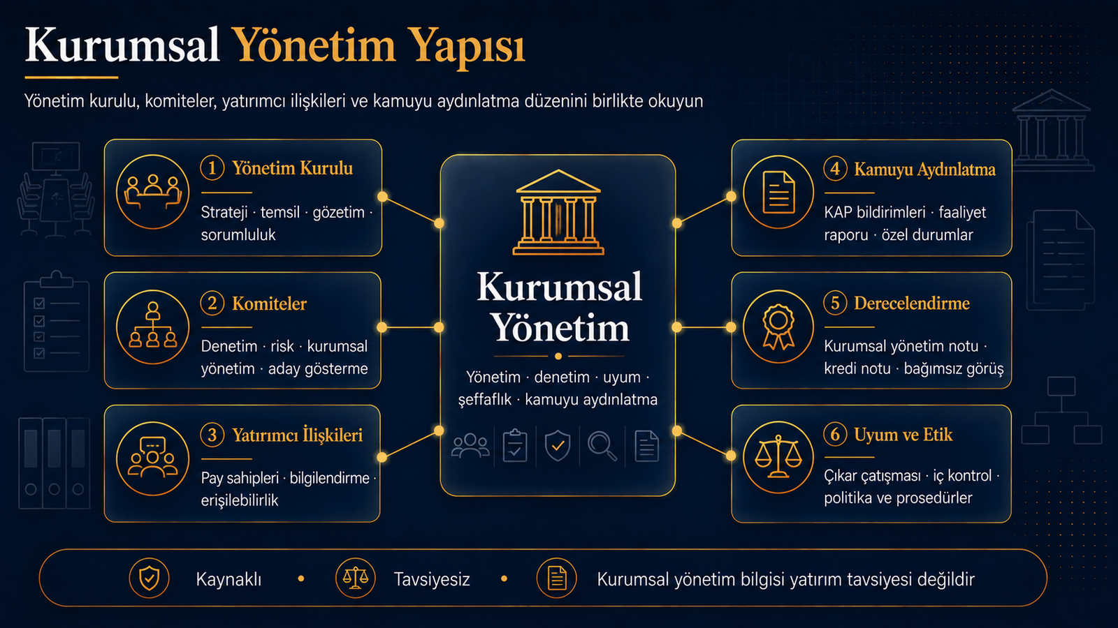 Yönetim kurulu, komiteler, yatırımcı ilişkileri, kamuyu aydınlatma, derecelendirme ve uyum.