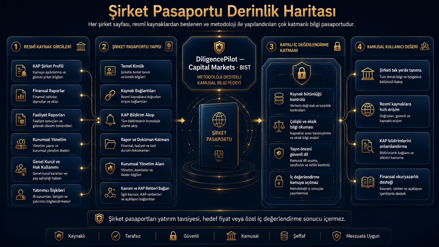 Şirket pasaportunun KAP şirket profili, finansal raporlar, faaliyet raporları, kurumsal yönetim, genel kurul, hak kullanımı ve yatırımcı ilişkileri katmanlarından oluşan çok katmanlı bilgi mimarisi